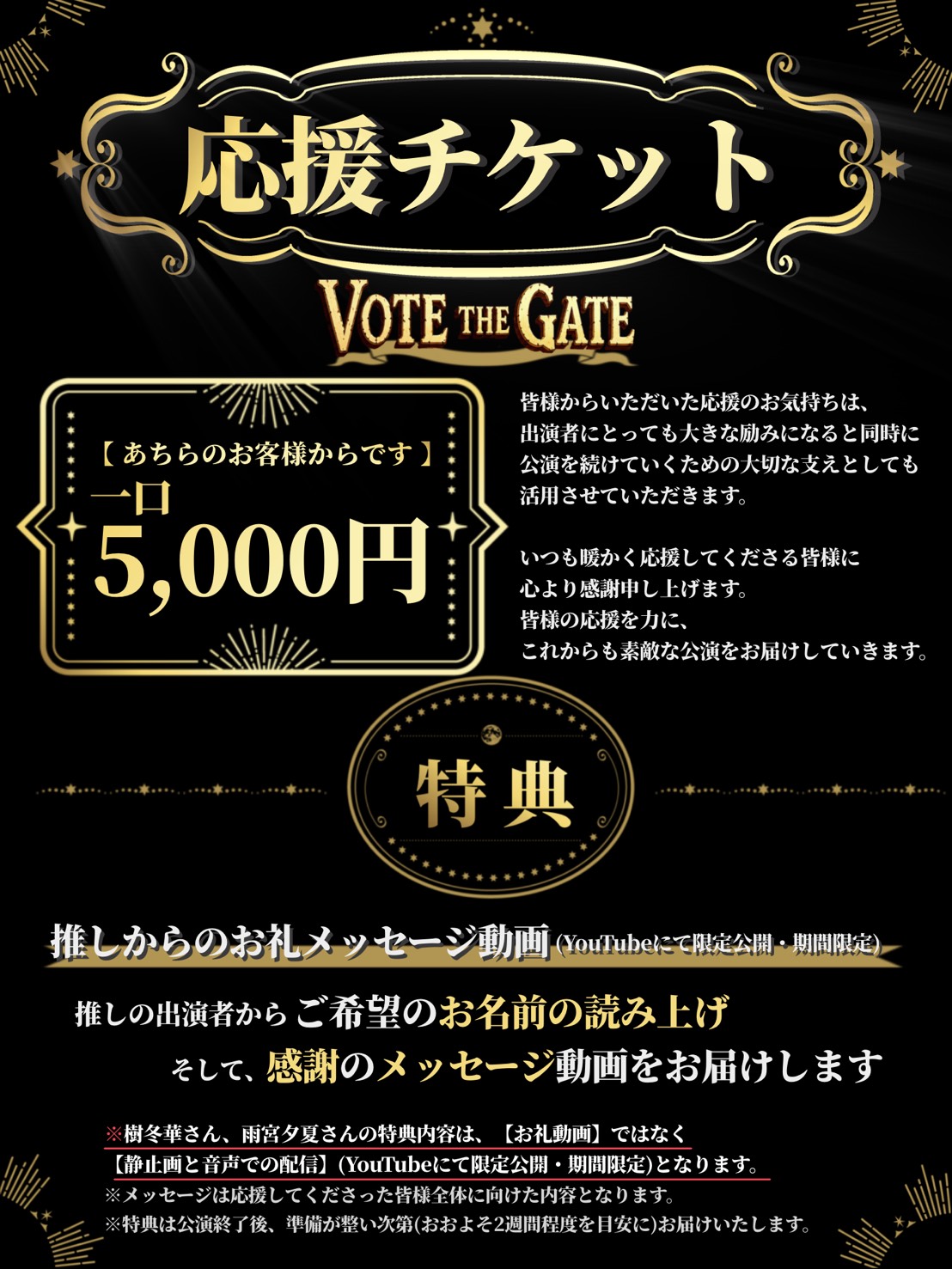 応援チケット、一口5,000円。推しからのお礼メッセージなどの特典案内